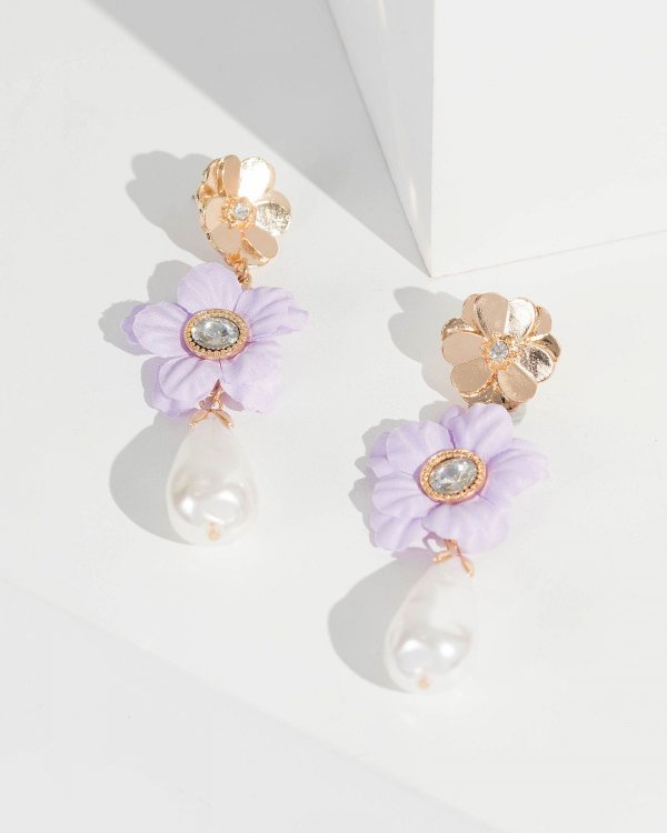 Gold Double Flower And Pearl Drop Earrings
